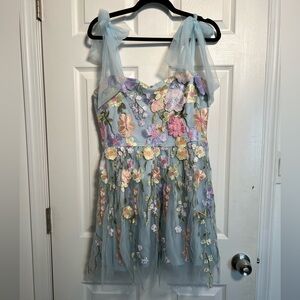 NWOT Lulu's Classic Romance 3D Floral Applique Tie-Strap Mini Dress